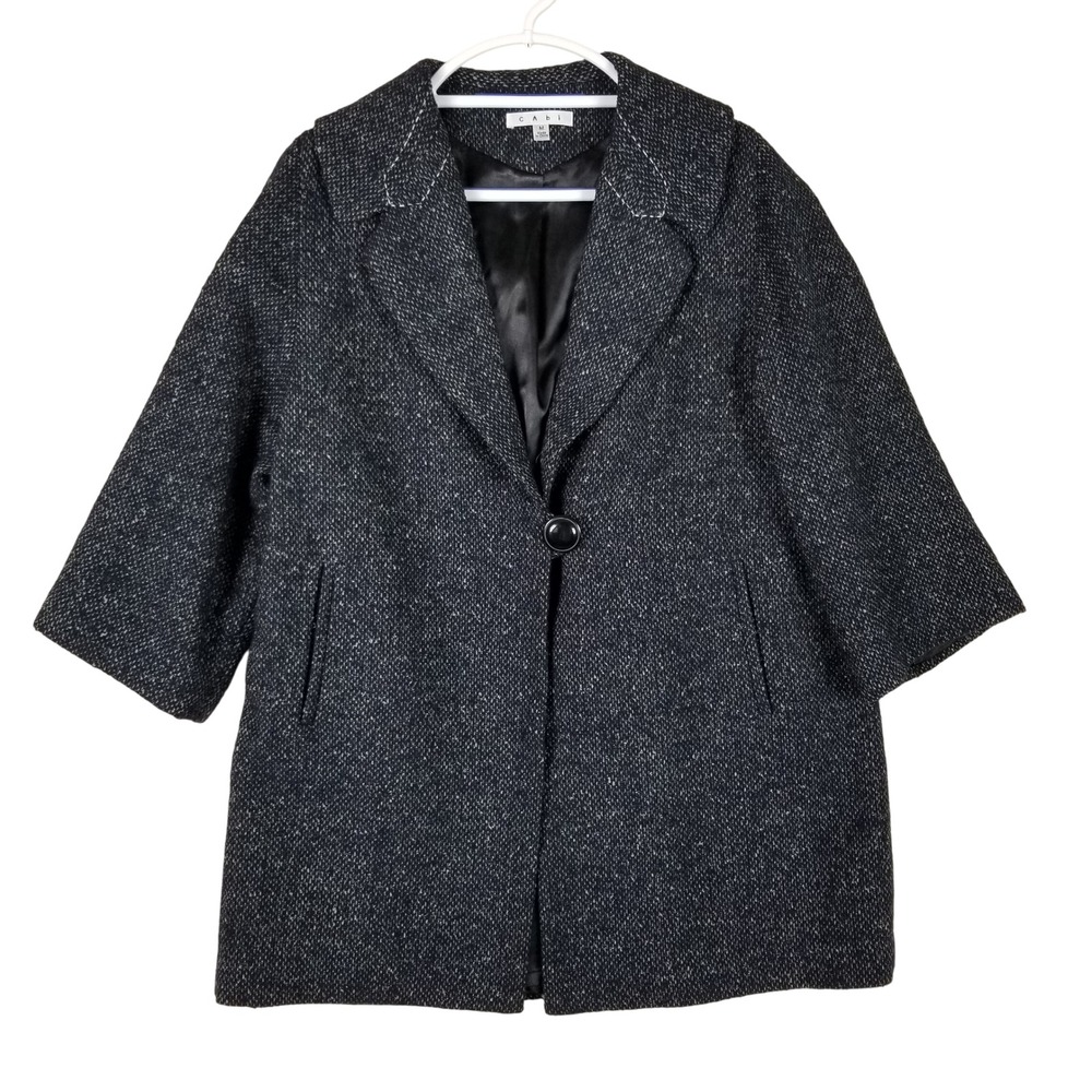 Cabi Tweed Car Coat Women Medium Grey Wool Blend 3/4 Sleeve Single Button 689
